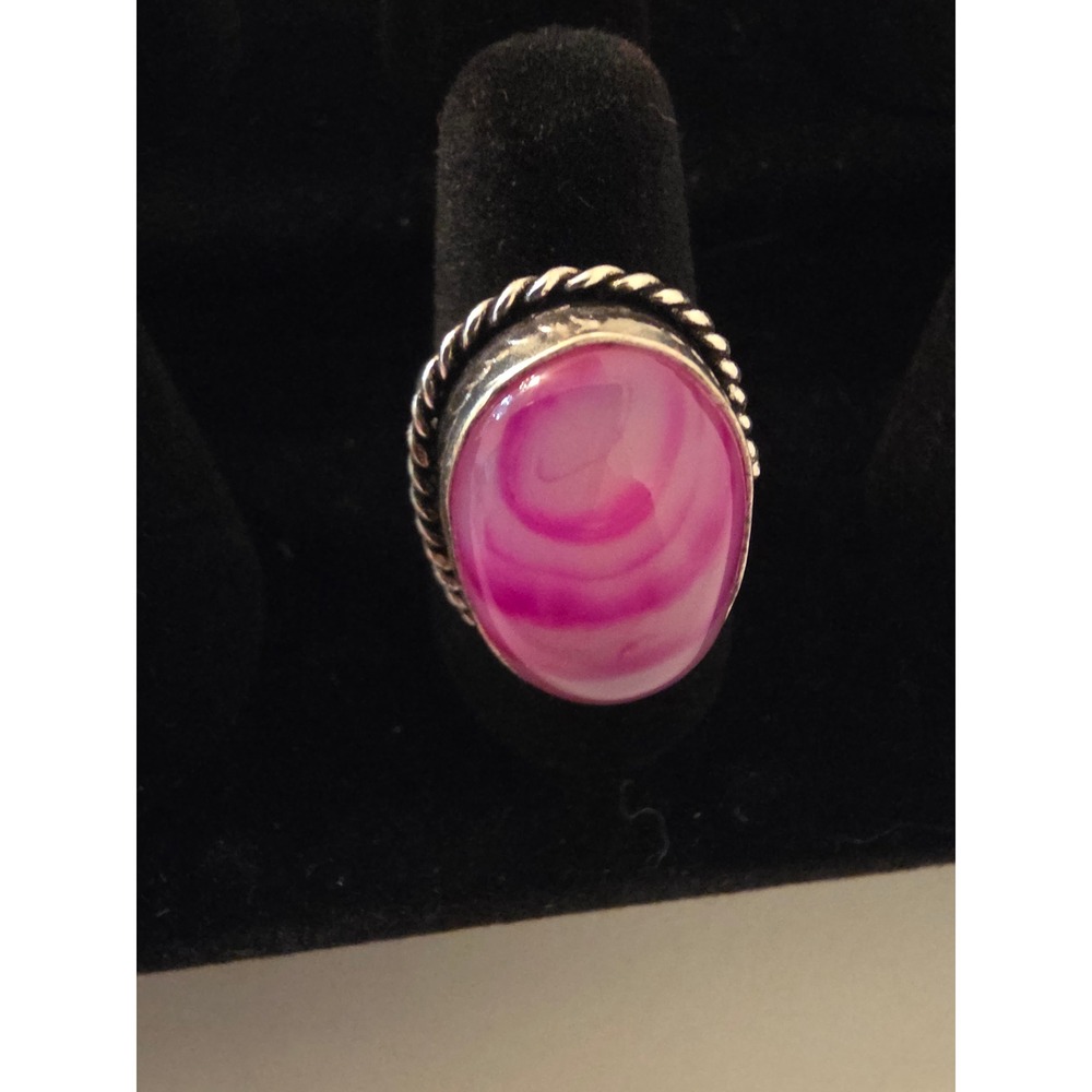 Sterling Silver Pink Banded Agate Oval Statement Ring Size 6 925 Rope Border